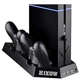 RIXOW Soporte Vertical PS4 con 2 Ventiladores de Refrigeración, Estación de Carga del Mando Playstation 4 con Indicadores LED y 3 Puertos USB